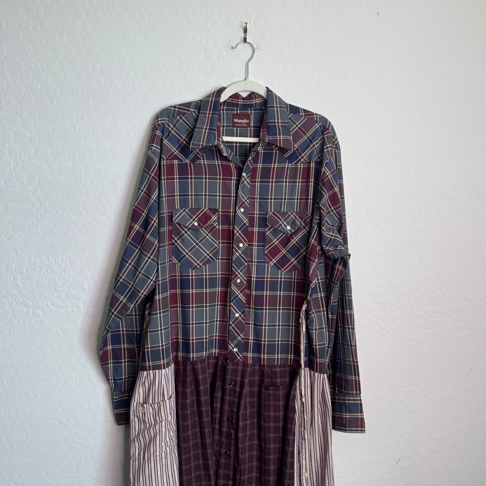 Wrangler Upcycled Western Patchwork Shirt Dress Plaid Striped Oversized Midi - Picture 6 of 11